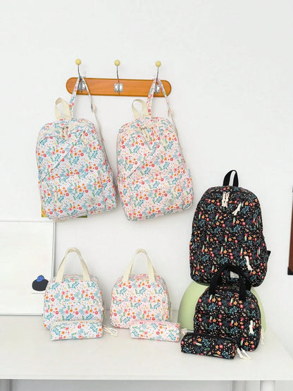 3pcs/Set Fresh Floral Mother-Daughter 3-Piece Backpack Set, Pastoral Small Floral Pattern Backpack Set, Includes Backpack + Lunch Bag + Pencil Case, Large Capacity Layered Storage, Front Zipper Pocket