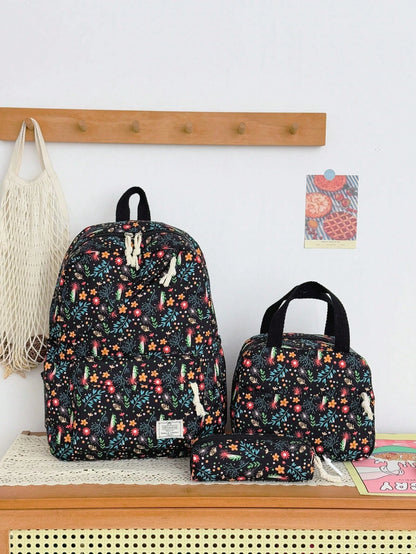 3pcs/Set Fresh Floral Mother-Daughter 3-Piece Backpack Set, Pastoral Small Floral Pattern Backpack Set, Includes Backpack + Lunch Bag + Pencil Case, Large Capacity Layered Storage, Front Zipper Pocket