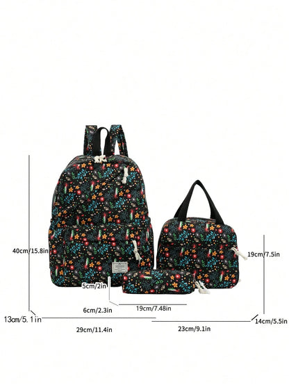3pcs/Set Fresh Floral Mother-Daughter 3-Piece Backpack Set, Pastoral Small Floral Pattern Backpack Set, Includes Backpack + Lunch Bag + Pencil Case, Large Capacity Layered Storage, Front Zipper Pocket