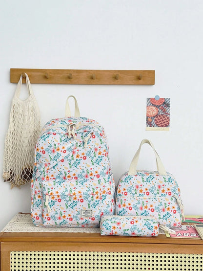 3pcs/Set Fresh Floral Mother-Daughter 3-Piece Backpack Set, Pastoral Small Floral Pattern Backpack Set, Includes Backpack + Lunch Bag + Pencil Case, Large Capacity Layered Storage, Front Zipper Pocket