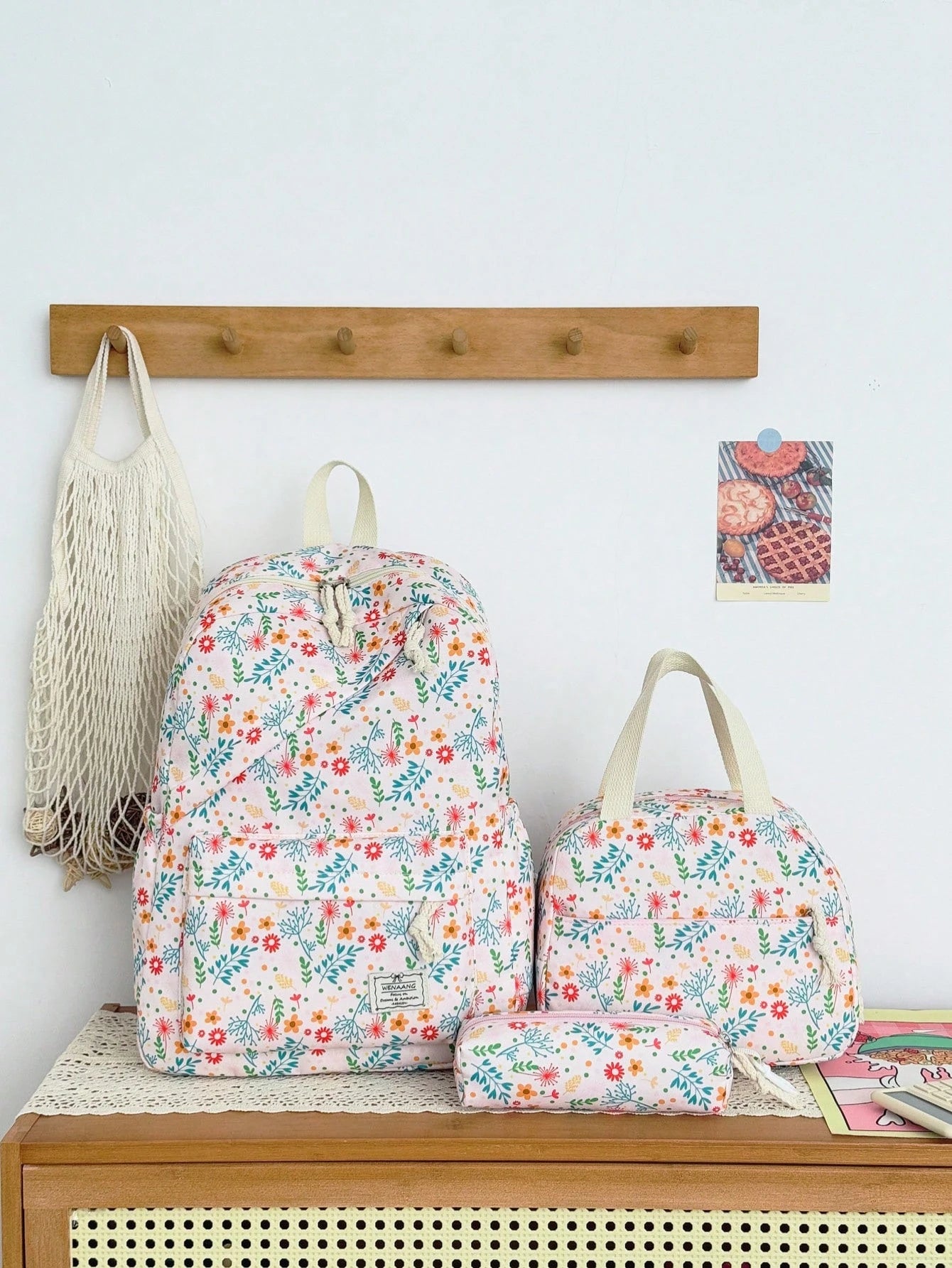3pcs/Set Fresh Floral Mother-Daughter 3-Piece Backpack Set, Pastoral Small Floral Pattern Backpack Set, Includes Backpack + Lunch Bag + Pencil Case, Large Capacity Layered Storage, Front Zipper Pocket