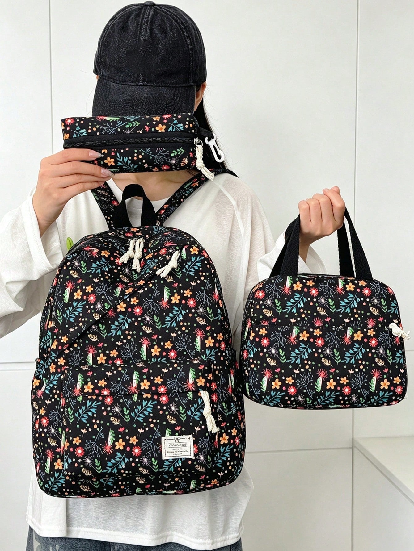 3pcs/Set Fresh Floral Mother-Daughter 3-Piece Backpack Set, Pastoral Small Floral Pattern Backpack Set, Includes Backpack + Lunch Bag + Pencil Case, Large Capacity Layered Storage, Front Zipper Pocket
