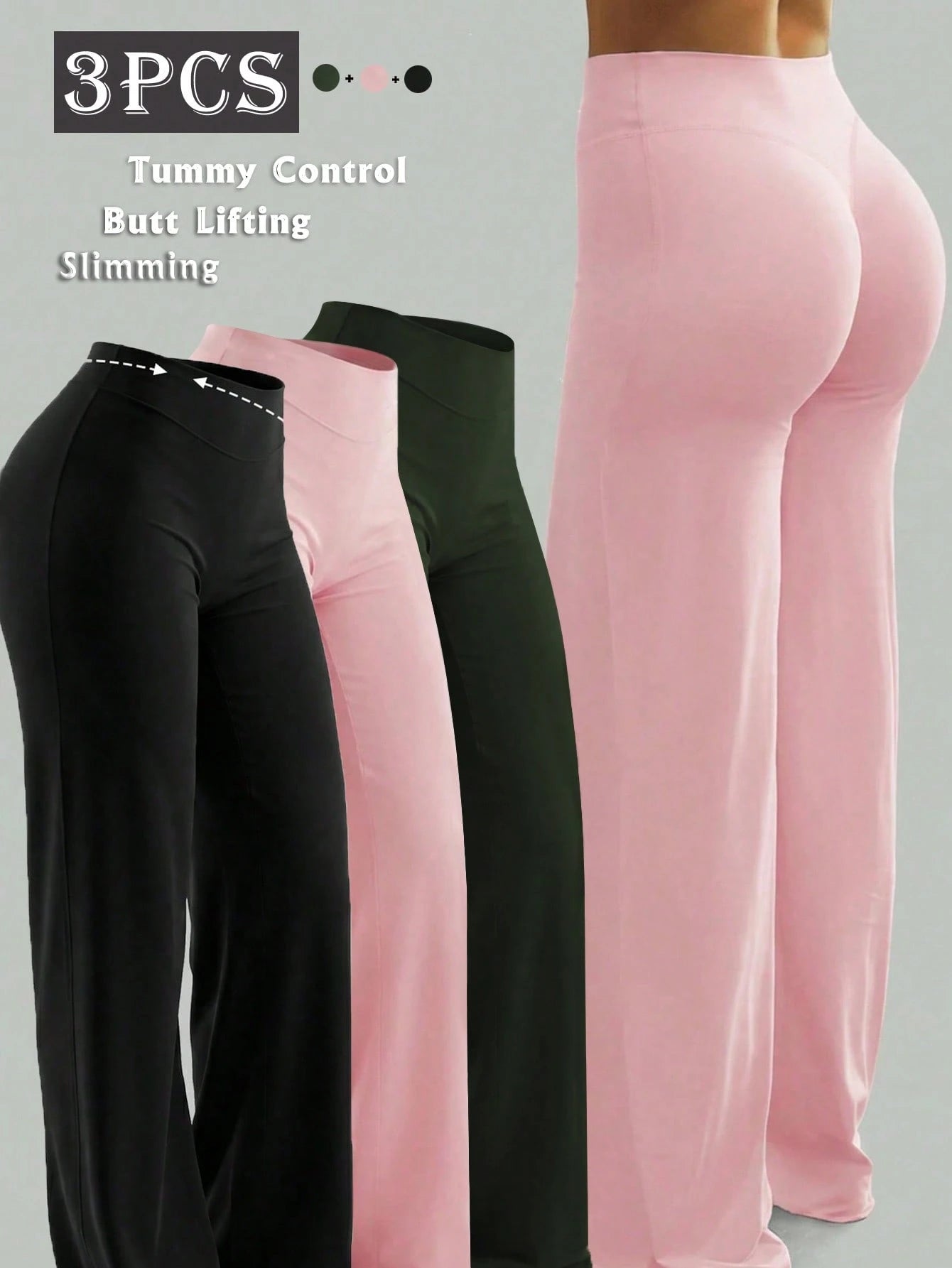 3pcs/Set High Waist Tummy Control Butt Lifting Wide Leg Pants, Pink Slimming Flare Pants Set Sports