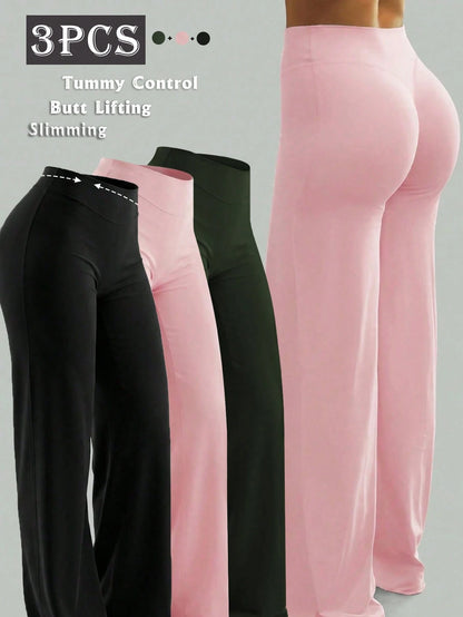 3pcs/Set High Waist Tummy Control Butt Lifting Wide Leg Pants, Pink Slimming Flare Pants Set Sports