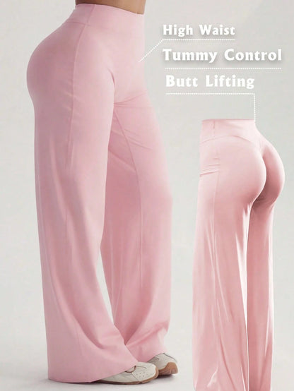 3pcs/Set High Waist Tummy Control Butt Lifting Wide Leg Pants, Pink Slimming Flare Pants Set Sports