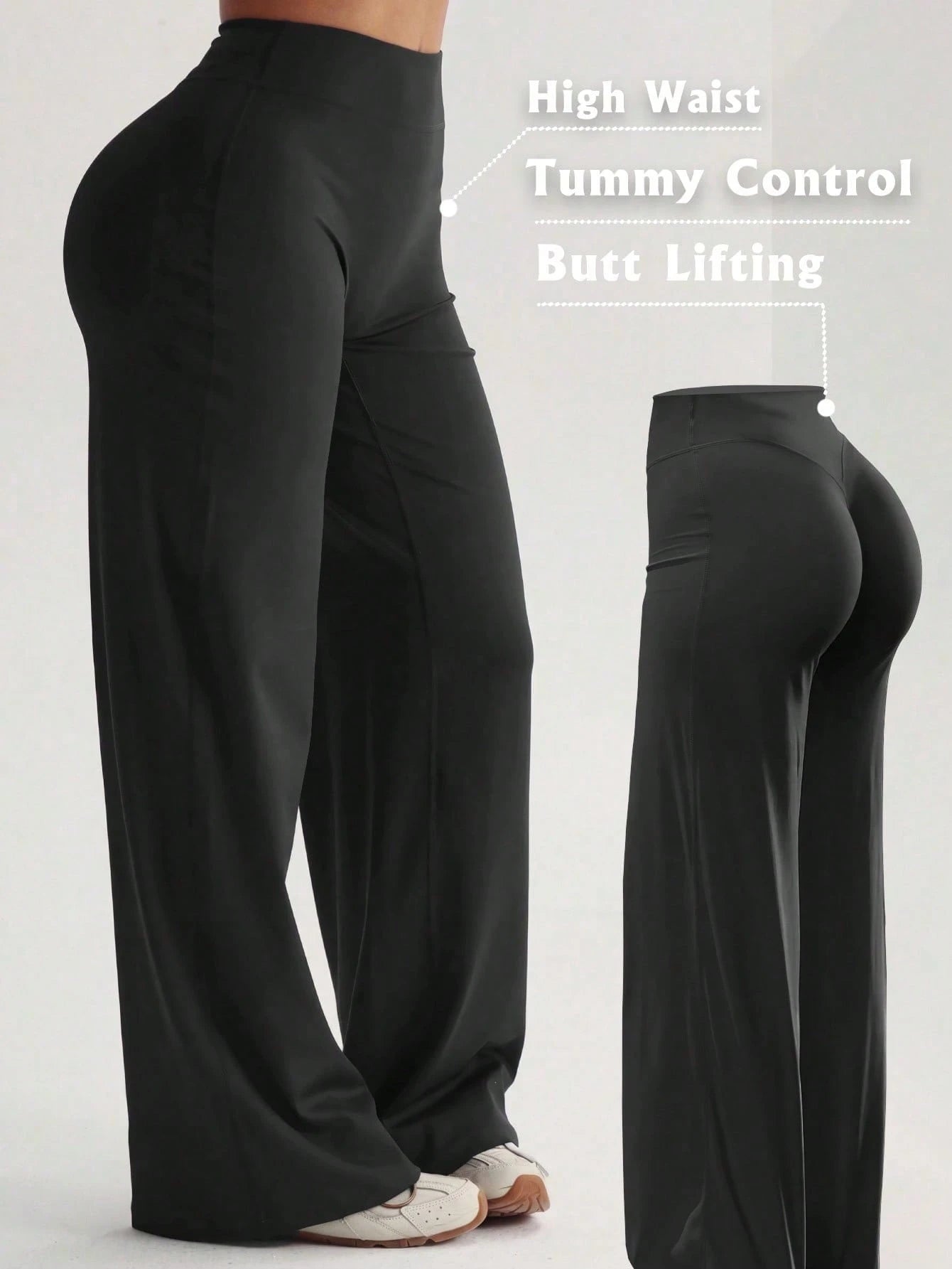 3pcs/Set High Waist Tummy Control Butt Lifting Wide Leg Pants, Pink Slimming Flare Pants Set Sports