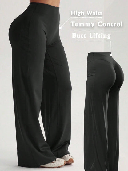 3pcs/Set High Waist Tummy Control Butt Lifting Wide Leg Pants, Pink Slimming Flare Pants Set Sports