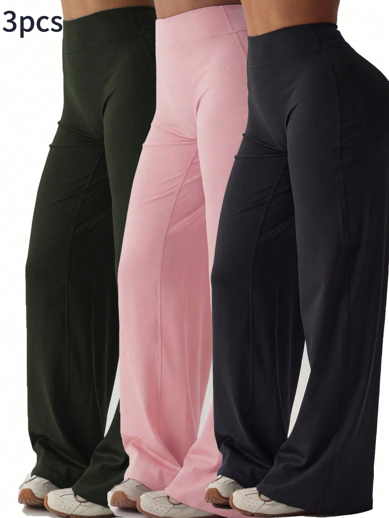3pcs/Set High Waist Tummy Control Butt Lifting Wide Leg Pants, Pink Slimming Flare Pants Set Sports