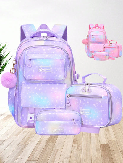 3pcs/Set Large Capacity Girls Backpack With Lunch Bag, Pockets And Pencil Case, Gradient Color Print School Backpack. Fits 15.6" Laptop, Multi-Functional Pockets. Suitable For Outdoor Travel, Back To