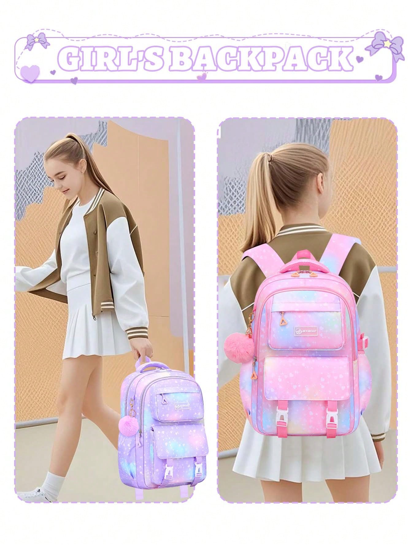 3pcs/Set Large Capacity Girls Backpack With Lunch Bag, Pockets And Pencil Case, Gradient Color Print School Backpack. Fits 15.6" Laptop, Multi-Functional Pockets. Suitable For Outdoor Travel, Back To