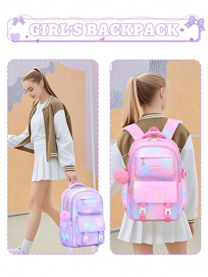 3pcs/Set Large Capacity Girls Backpack With Lunch Bag, Pockets And Pencil Case, Gradient Color Print School Backpack. Fits 15.6" Laptop, Multi-Functional Pockets. Suitable For Outdoor Travel, Back To
