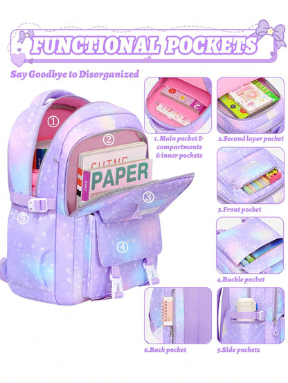 3pcs/Set Large Capacity Girls Backpack With Lunch Bag, Pockets And Pencil Case, Gradient Color Print School Backpack. Fits 15.6" Laptop, Multi-Functional Pockets. Suitable For Outdoor Travel, Back To