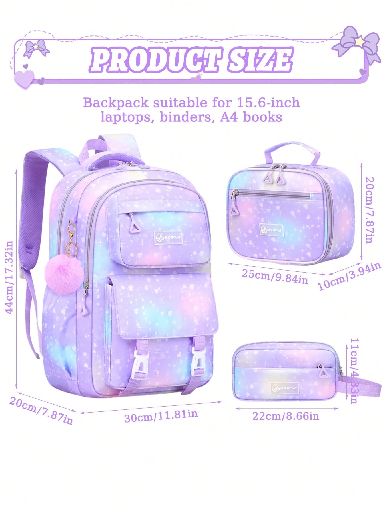 3pcs/Set Large Capacity Girls Backpack With Lunch Bag, Pockets And Pencil Case, Gradient Color Print School Backpack. Fits 15.6" Laptop, Multi-Functional Pockets. Suitable For Outdoor Travel, Back To