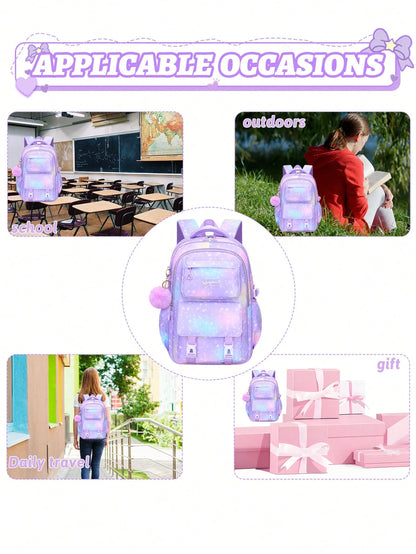 3pcs/Set Large Capacity Girls Backpack With Lunch Bag, Pockets And Pencil Case, Gradient Color Print School Backpack. Fits 15.6" Laptop, Multi-Functional Pockets. Suitable For Outdoor Travel, Back To