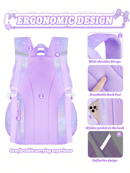 3pcs/Set Large Capacity Girls Backpack With Lunch Bag, Pockets And Pencil Case, Gradient Color Print School Backpack. Fits 15.6" Laptop, Multi-Functional Pockets. Suitable For Outdoor Travel, Back To