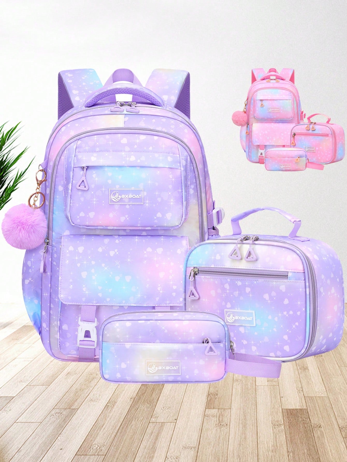 3pcs/Set Large Capacity Girls Backpack With Lunch Bag, Pockets And Pencil Case, Gradient Color Print School Backpack. Fits 15.6" Laptop, Multi-Functional Pockets. Suitable For Outdoor Travel, Back To