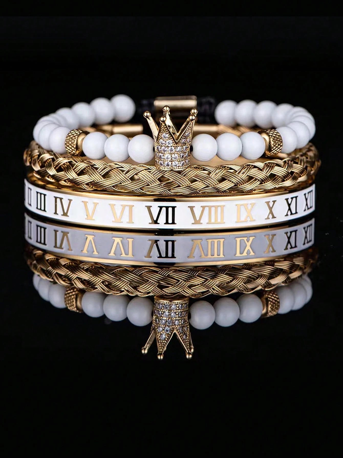 3pcs/Set Men's Pineapple Bead, Leopard Head Braided, Zirconia Stainless Steel Bracelets