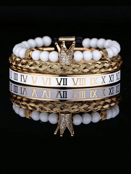 3pcs/Set Men's Pineapple Bead, Leopard Head Braided, Zirconia Stainless Steel Bracelets