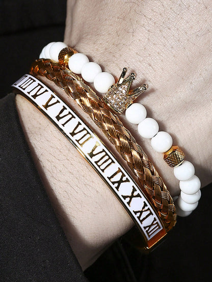 3pcs/Set Men's Pineapple Bead, Leopard Head Braided, Zirconia Stainless Steel Bracelets