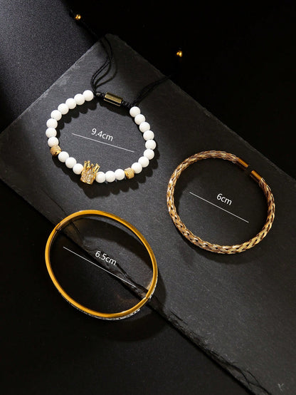 3pcs/Set Men's Pineapple Bead, Leopard Head Braided, Zirconia Stainless Steel Bracelets