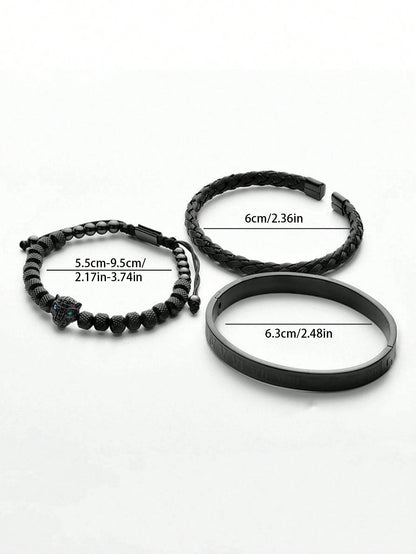 3pcs/Set Men's Pineapple Bead, Leopard Head Braided, Zirconia Stainless Steel Bracelets