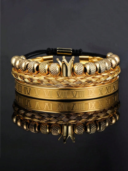 3pcs/Set Men's Pineapple Bead, Leopard Head Braided, Zirconia Stainless Steel Bracelets