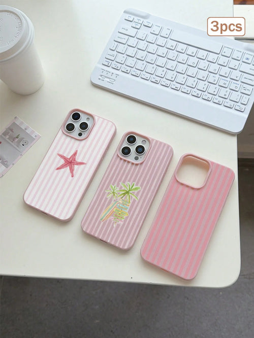 3pcs/Set Striped Print Leather Texture TPU Shockproof Full Coverage Protective Phone Case Compatible With Apple 11/12/13/14/15/16/17 Pro Max