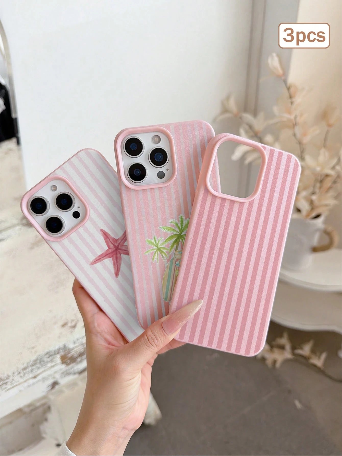 3pcs/Set Striped Print Leather Texture TPU Shockproof Full Coverage Protective Phone Case Compatible With Apple 11/12/13/14/15/16/17 Pro Max