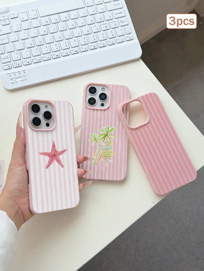 3pcs/Set Striped Print Leather Texture TPU Shockproof Full Coverage Protective Phone Case Compatible With Apple 11/12/13/14/15/16/17 Pro Max