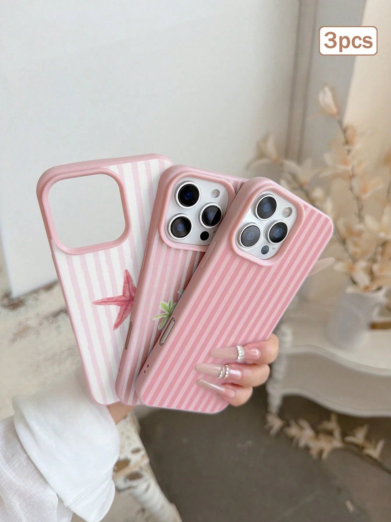 3pcs/Set Striped Print Leather Texture TPU Shockproof Full Coverage Protective Phone Case Compatible With Apple 11/12/13/14/15/16/17 Pro Max