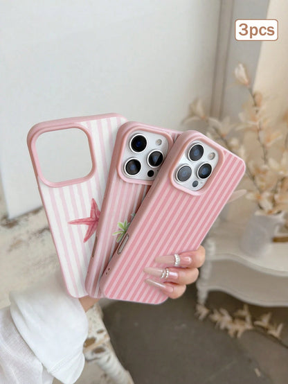 3pcs/Set Striped Print Leather Texture TPU Shockproof Full Coverage Protective Phone Case Compatible With Apple 11/12/13/14/15/16/17 Pro Max