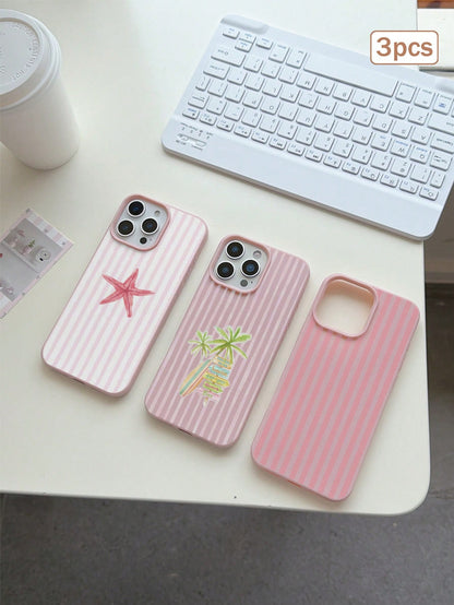 3pcs/Set Striped Print Leather Texture TPU Shockproof Full Coverage Protective Phone Case Compatible With Apple 11/12/13/14/15/16/17 Pro Max