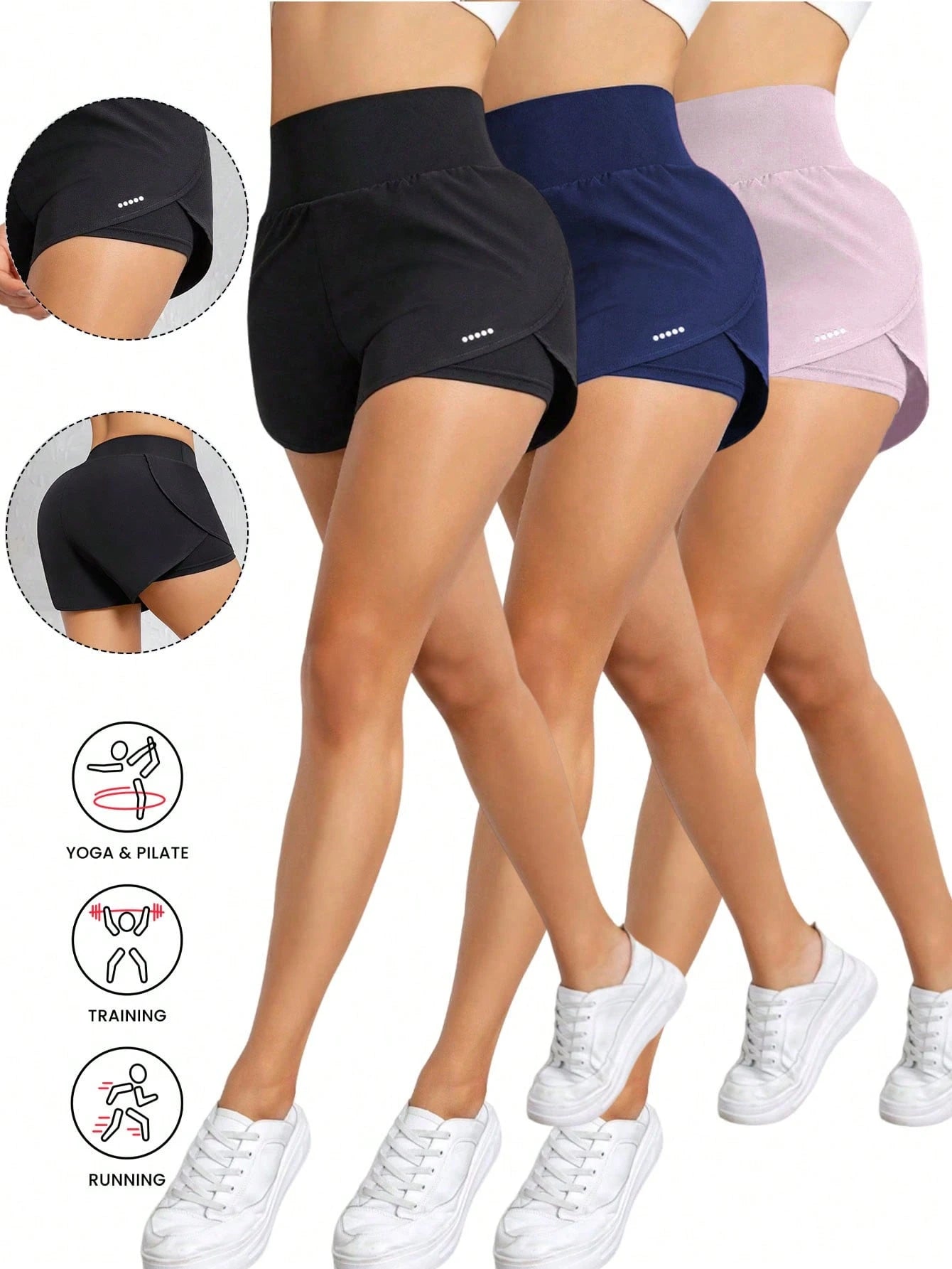 3pcs/Set Women's Sports Yoga Shorts, High Waist Comfortable Fit, Loose Running Fitness Shorts, Breathable Quick-Drying Fabric, Athletic Style