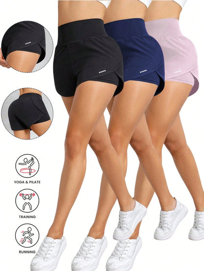 3pcs/Set Women's Sports Yoga Shorts, High Waist Comfortable Fit, Loose Running Fitness Shorts, Breathable Quick-Drying Fabric, Athletic Style