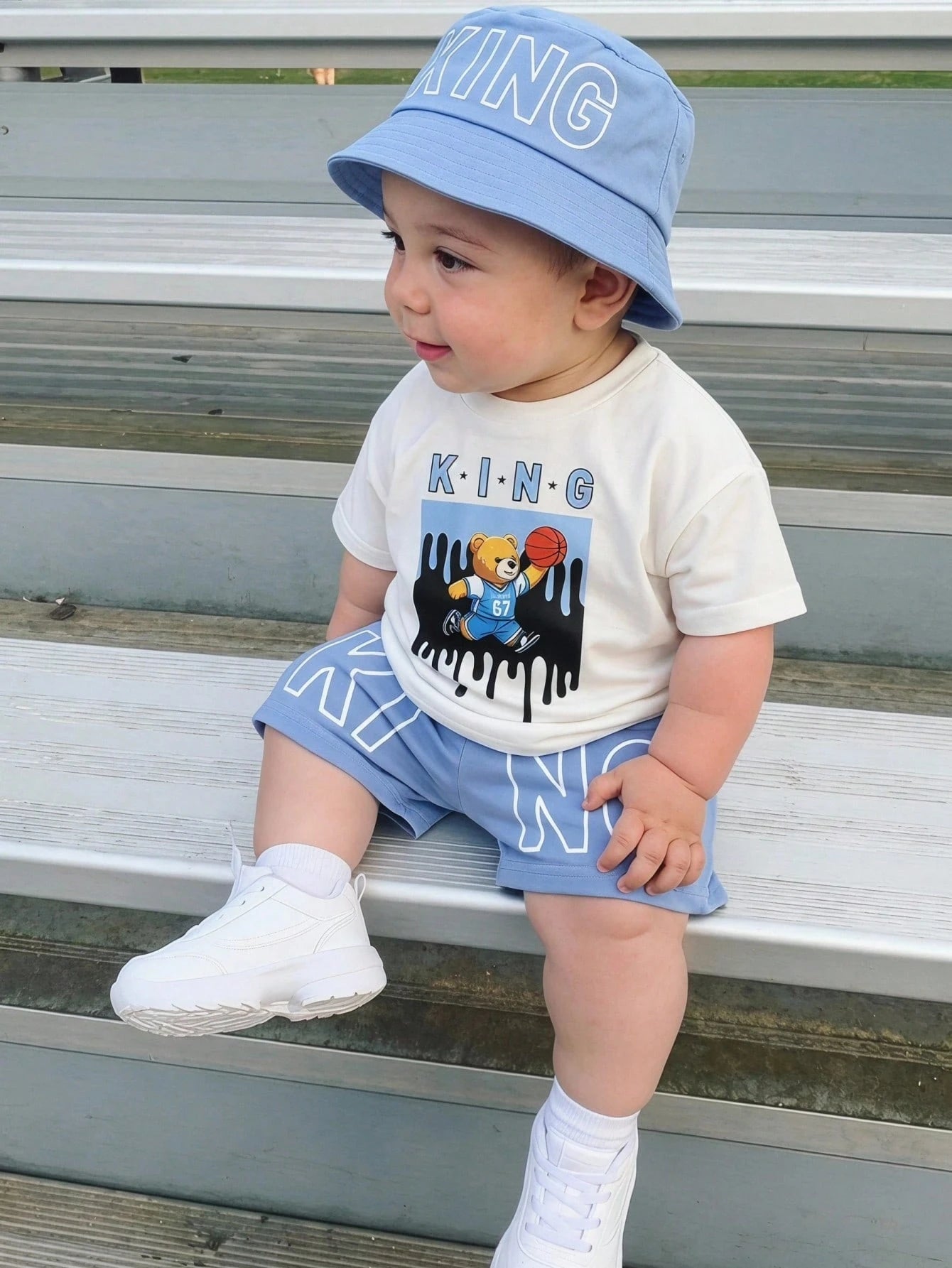 3pcs Toddler Unisex Baby Boy/Girl Cute Teddy Bear Print Short Sleeve T-Shirt, Shorts And Sun Hat Set, Spring/Summer Streetwear Outfit