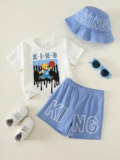 3pcs Toddler Unisex Baby Boy/Girl Cute Teddy Bear Print Short Sleeve T-Shirt, Shorts And Sun Hat Set, Spring/Summer Streetwear Outfit