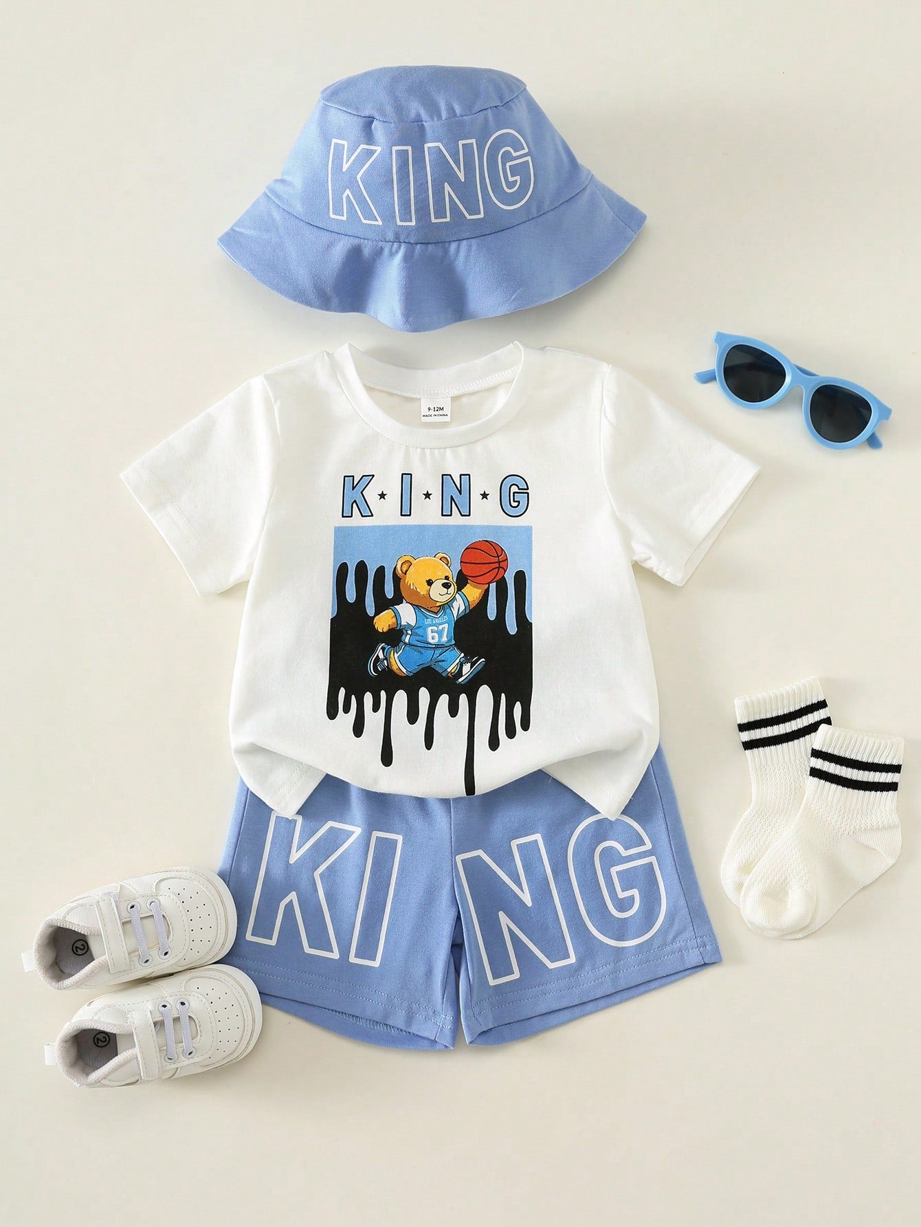 3pcs Toddler Unisex Baby Boy/Girl Cute Teddy Bear Print Short Sleeve T-Shirt, Shorts And Sun Hat Set, Spring/Summer Streetwear Outfit