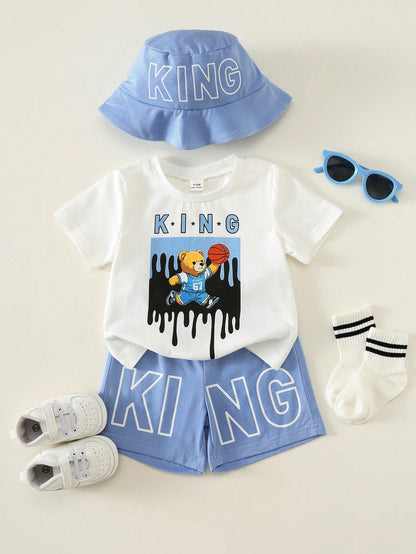 3pcs Toddler Unisex Baby Boy/Girl Cute Teddy Bear Print Short Sleeve T-Shirt, Shorts And Sun Hat Set, Spring/Summer Streetwear Outfit