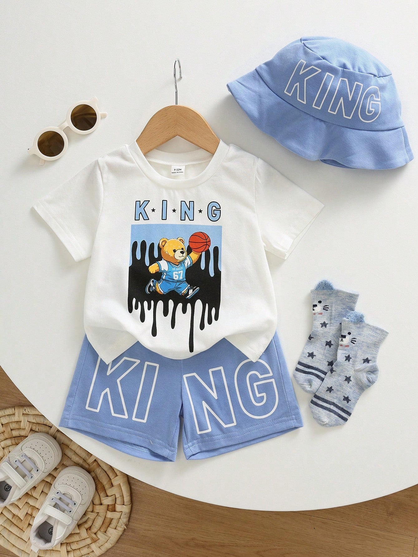 3pcs Toddler Unisex Baby Boy/Girl Cute Teddy Bear Print Short Sleeve T-Shirt, Shorts And Sun Hat Set, Spring/Summer Streetwear Outfit