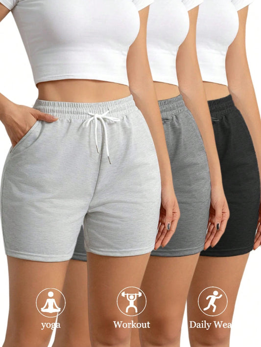 3pcs Women Sports Shorts With Drawstring Pockets, Ladies Activewear Running Training Fitness Beachwear Summer