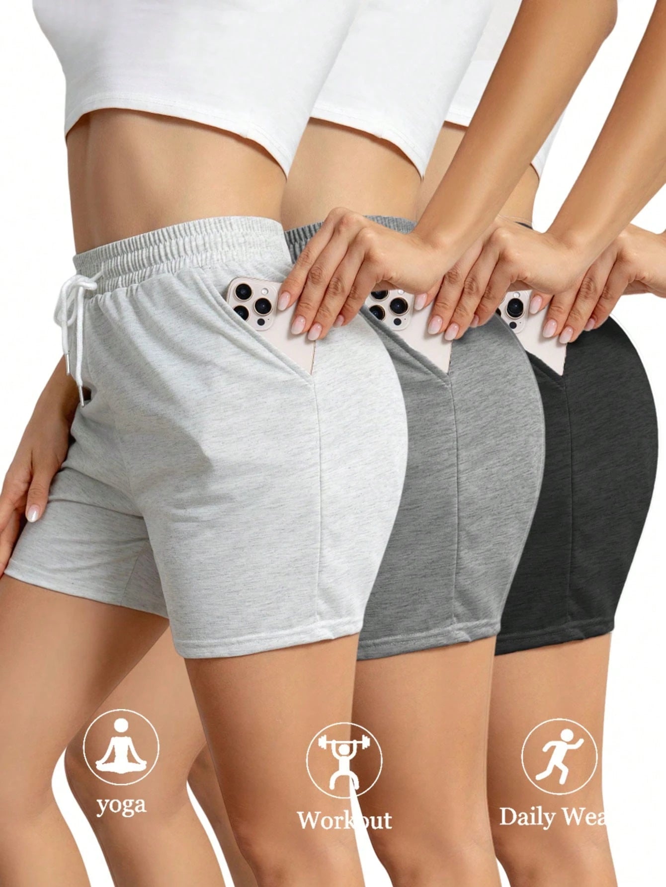 3pcs Women Sports Shorts With Drawstring Pockets, Ladies Activewear Running Training Fitness Beachwear Summer