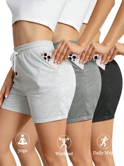 3pcs Women Sports Shorts With Drawstring Pockets, Ladies Activewear Running Training Fitness Beachwear Summer