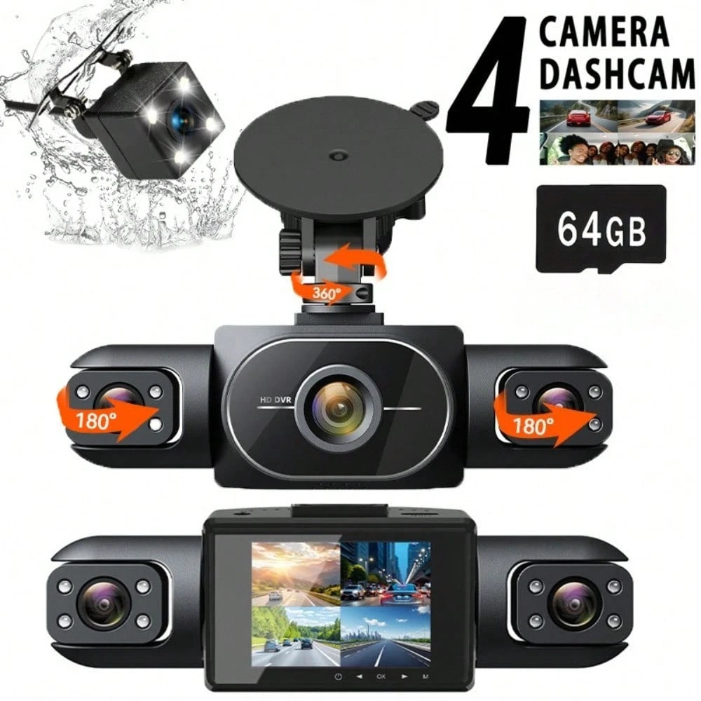 4 Channel 360°Dash Cam Front And Rear Inside Left Right, 2 Inch Dash Camera,64GB Card, Built-In Night Vision Sensitive Motion Detection Recording Parking Mode Monitor Reversing Help