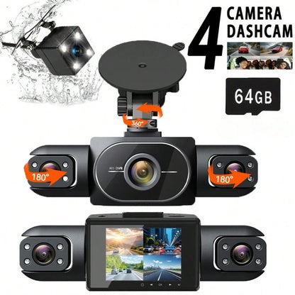 4 Channel 360°Dash Cam Front And Rear Inside Left Right, 2 Inch Dash Camera,64GB Card, Built-In Night Vision Sensitive Motion Detection Recording Parking Mode Monitor Reversing Help