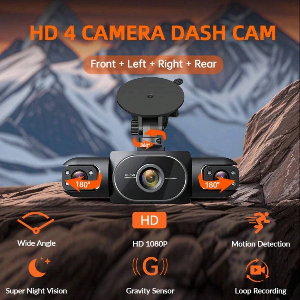 4 Channel 360°Dash Cam Front And Rear Inside Left Right, 2 Inch Dash Camera,64GB Card, Built-In Night Vision Sensitive Motion Detection Recording Parking Mode Monitor Reversing Help
