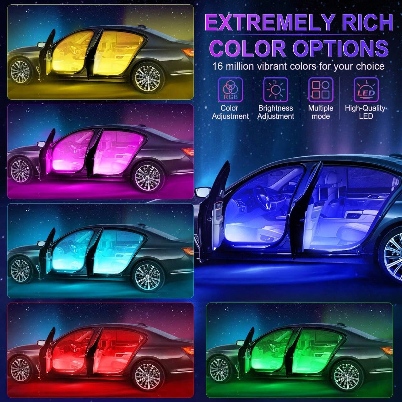 4-In-1 LED Car Interior Light With 16 Million Colors RGB Ambient Lighting Kit, Under Dash Light And Easy To Install For Drivers, (No Hard Wiring) Fits Most Vehicles