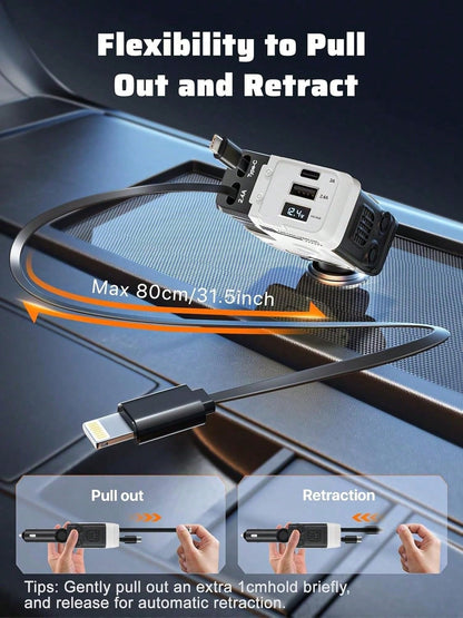 4 In 1 Retractable Car Fast Charger In Mech-Style 65W Charger Car Charger With Retractable Cablea And Multi-Port Usb C Holiday Gifts, Universal Compatibility For Ios, Galaxy & Pixel Models. Car Essen