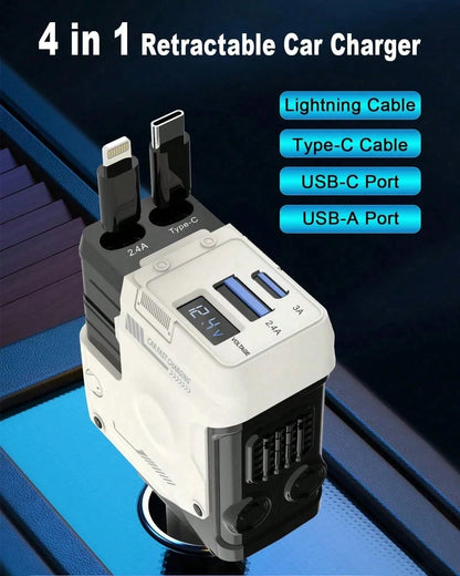 4 In 1 Retractable Car Fast Charger In Mech-Style 65W Charger Car Charger With Retractable Cablea And Multi-Port Usb C Holiday Gifts, Universal Compatibility For Ios, Galaxy & Pixel Models. Car Essen