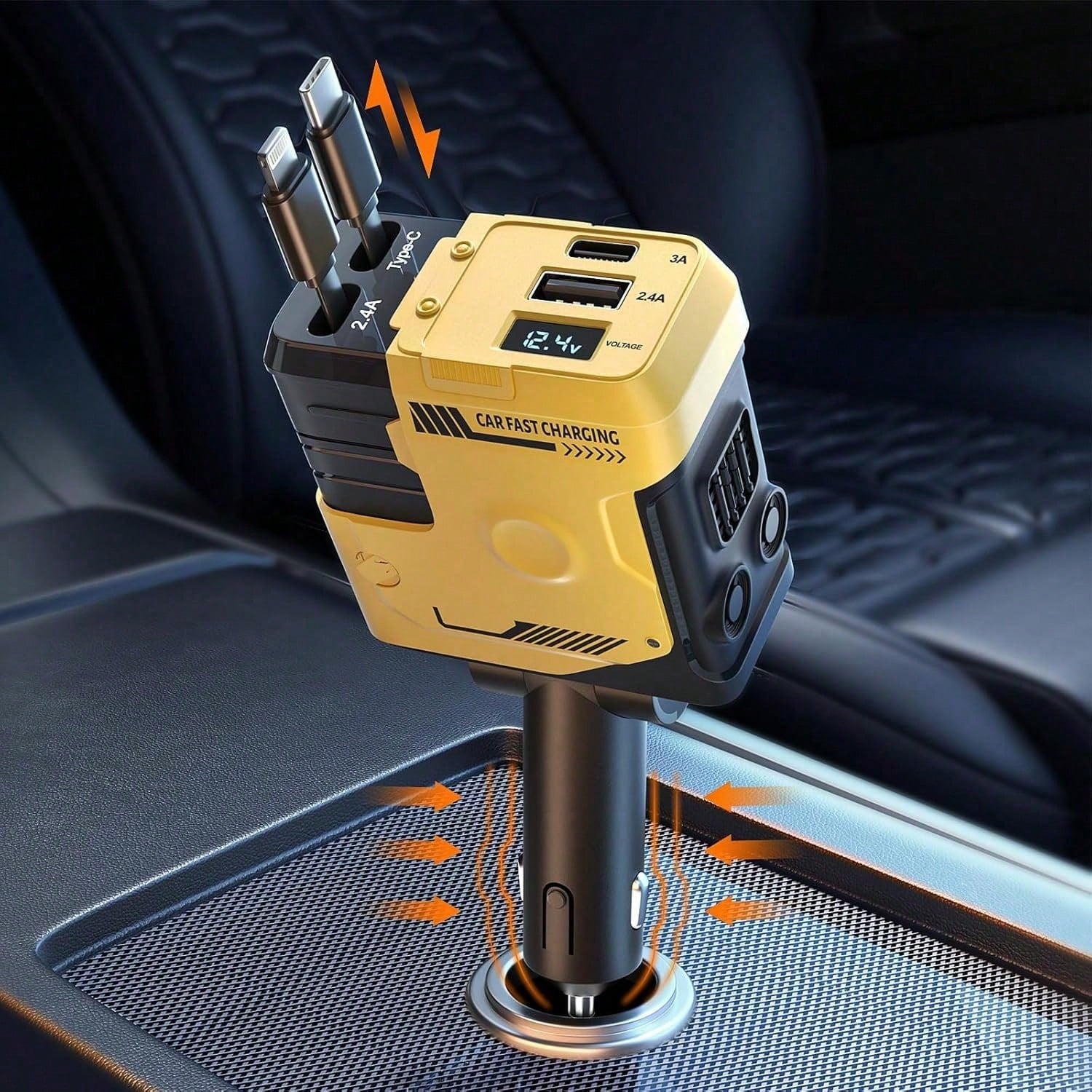 4 In 1 Retractable Car Fast Charger In Mech-Style 65W Charger Car Charger With Retractable Cablea And Multi-Port Usb C Holiday Gifts, Universal Compatibility For Ios, Galaxy & Pixel Models. Car Essen