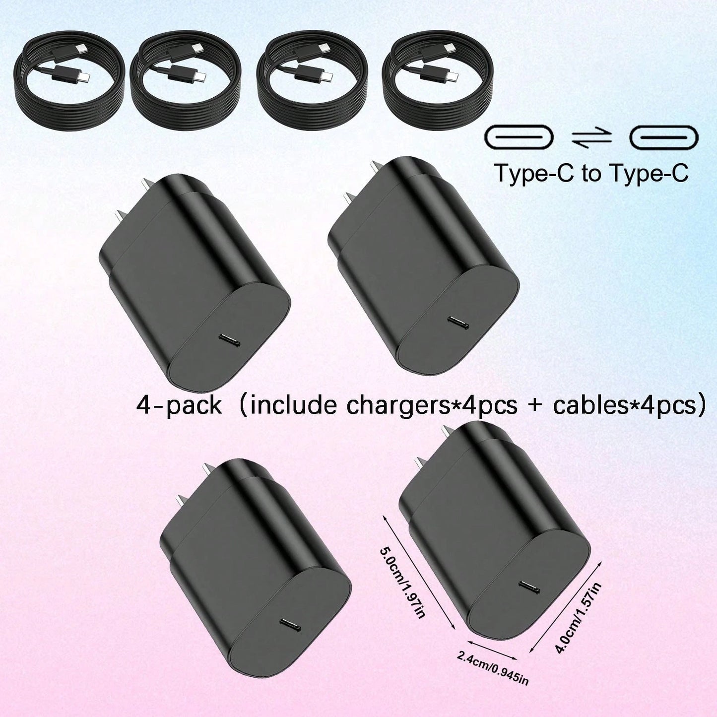 4 Pack USB C Charger Block, PD 3.0 Fast Charging Type C Charger Plug With 4 Pack 4ft USB C To USB C Cable, US Plug Type C Power Adapter Compatible With Phone 17/16/15/15/Pro/Pro Max, Galaxy S24/S23